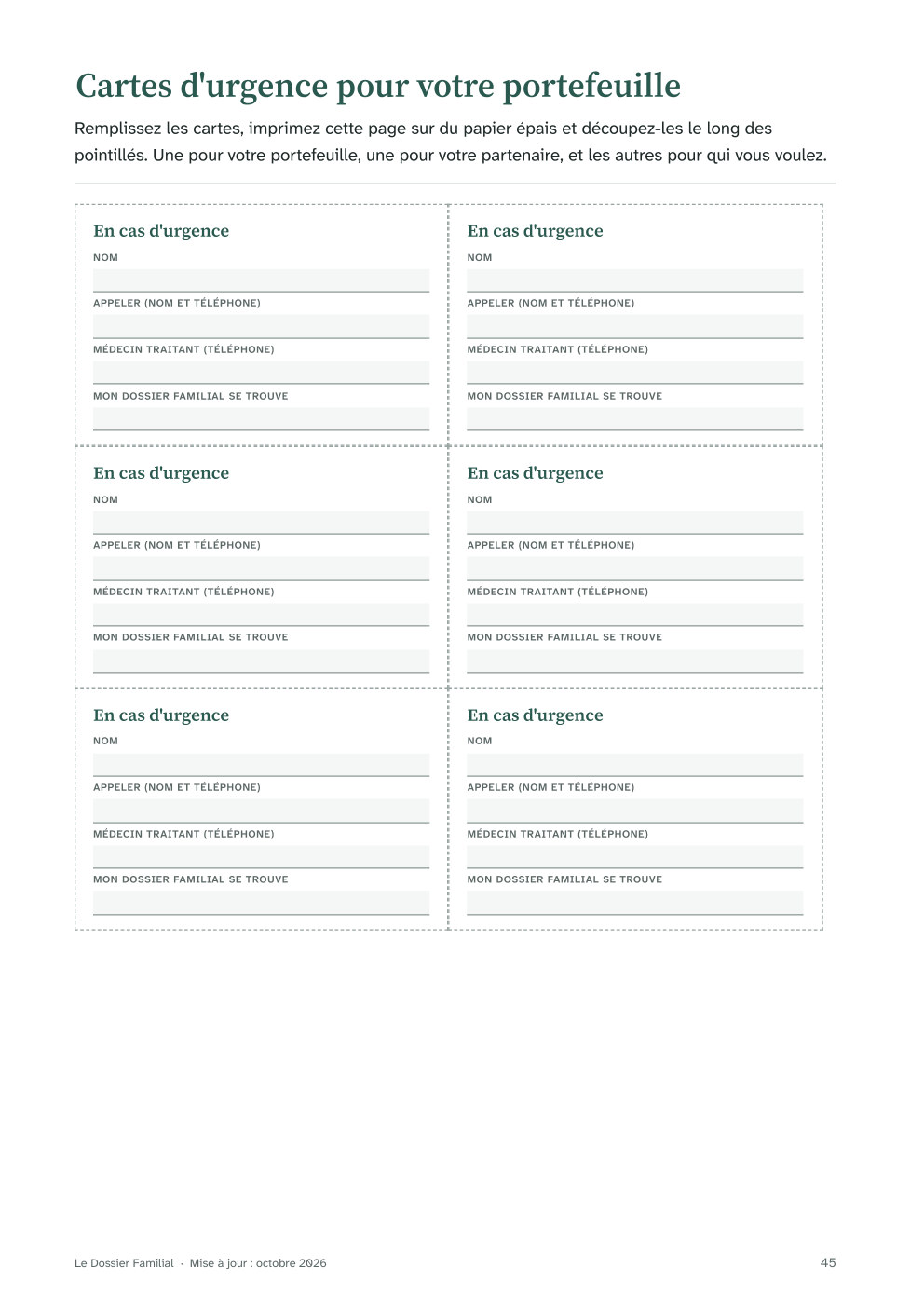 Page avec cartes d'urgence à découper