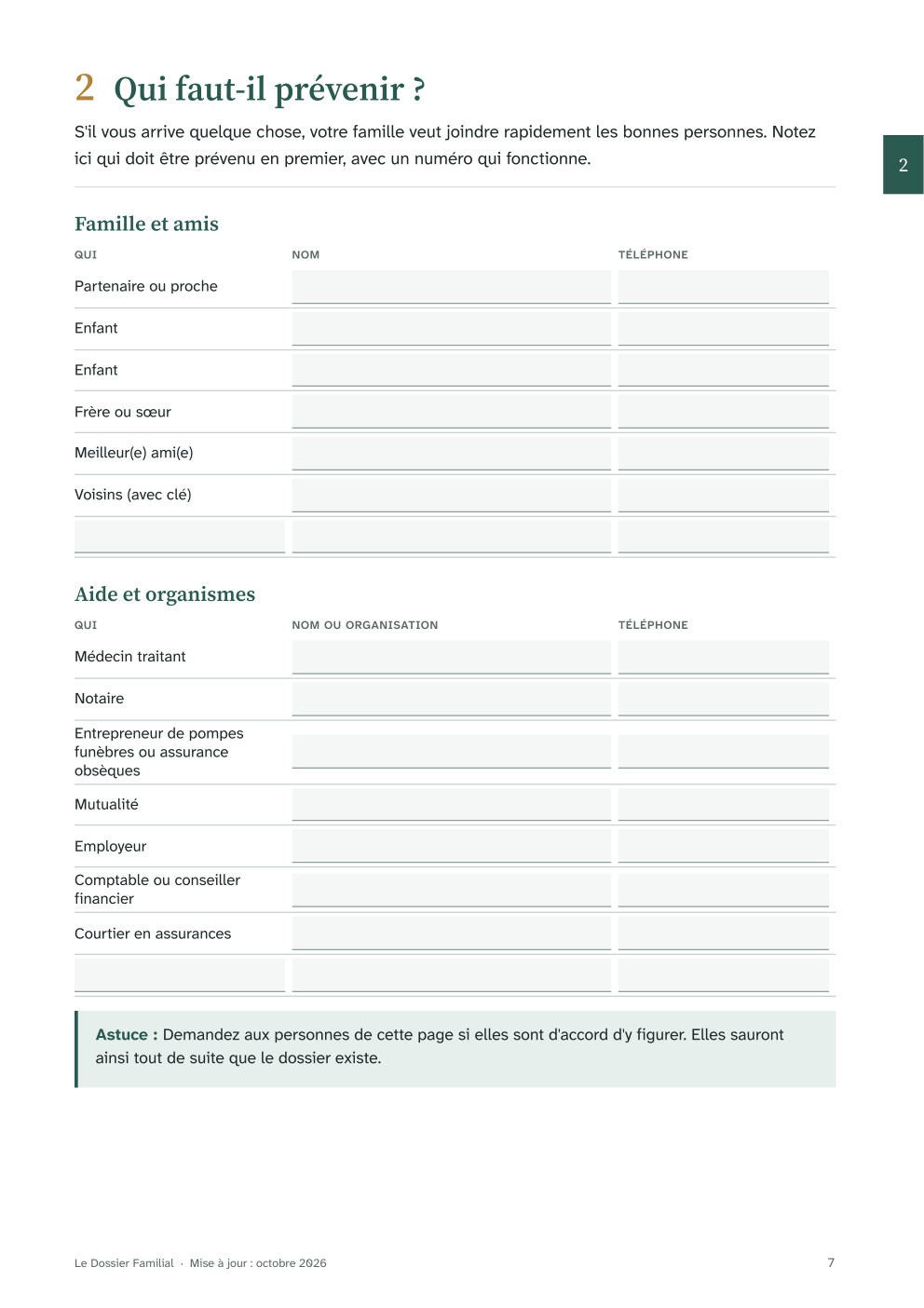 Page 'Qui faut-il prévenir ?', complétée à titre d'exemple