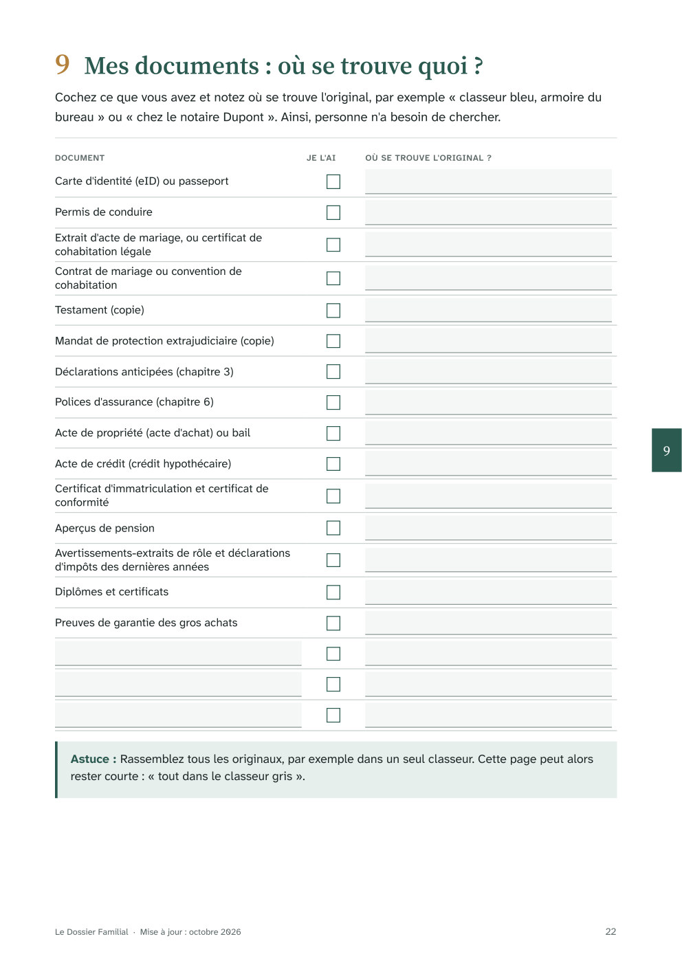 Page 'Mes documents : où se trouve quoi ?', complétée à titre d'exemple